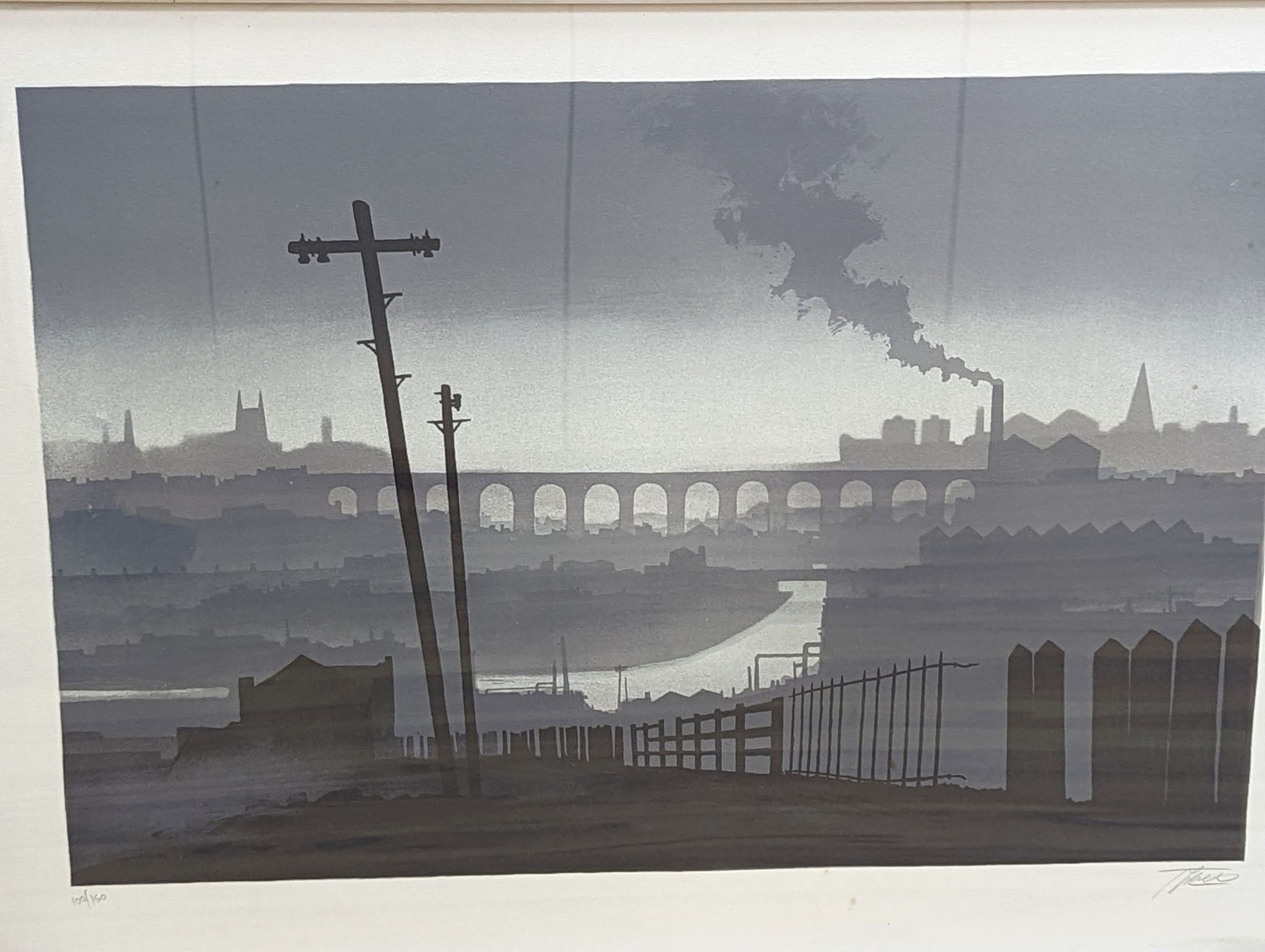 Trevor Grimshaw, lithograph, The Viaduct, signed 100/150, 44 x 66cm, a charcoal drawing of Leda and the swan by Julie Held and an unsigned watercolour landscape